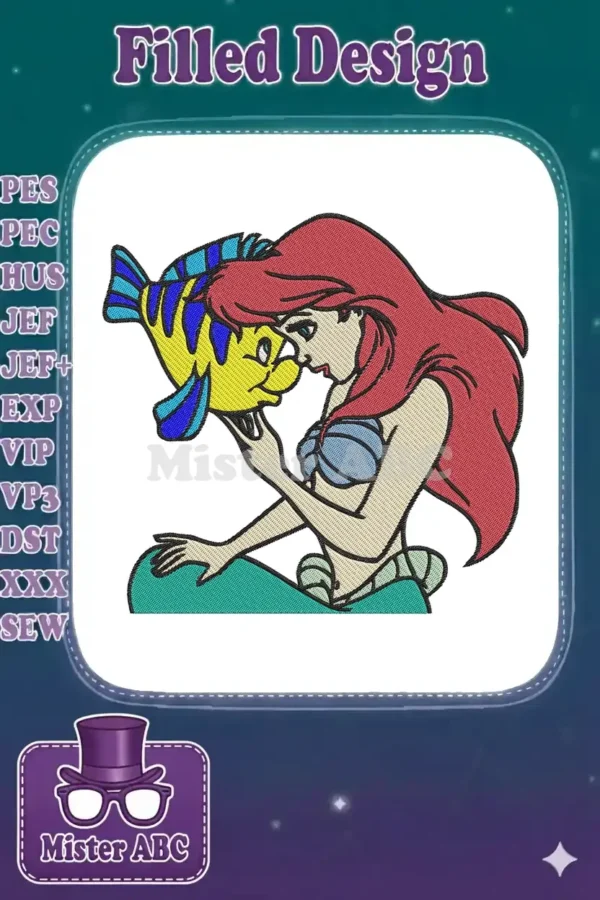 Vibrant embroidery design depicting Disney's Ariel gently holding her fish friend Flounder, with detailed satin stitches.