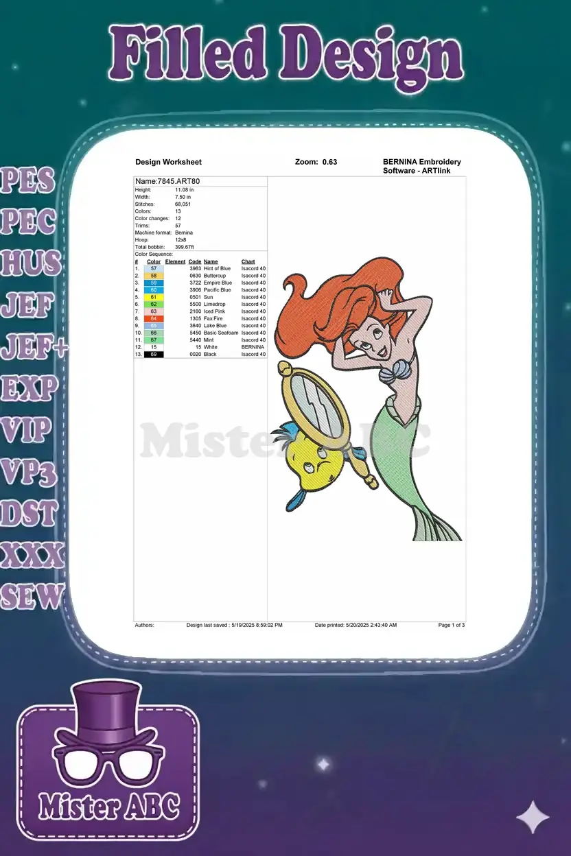 Embroidery design worksheet for Ariel and Flounder, detailing dimensions, stitch count, and color sequence.