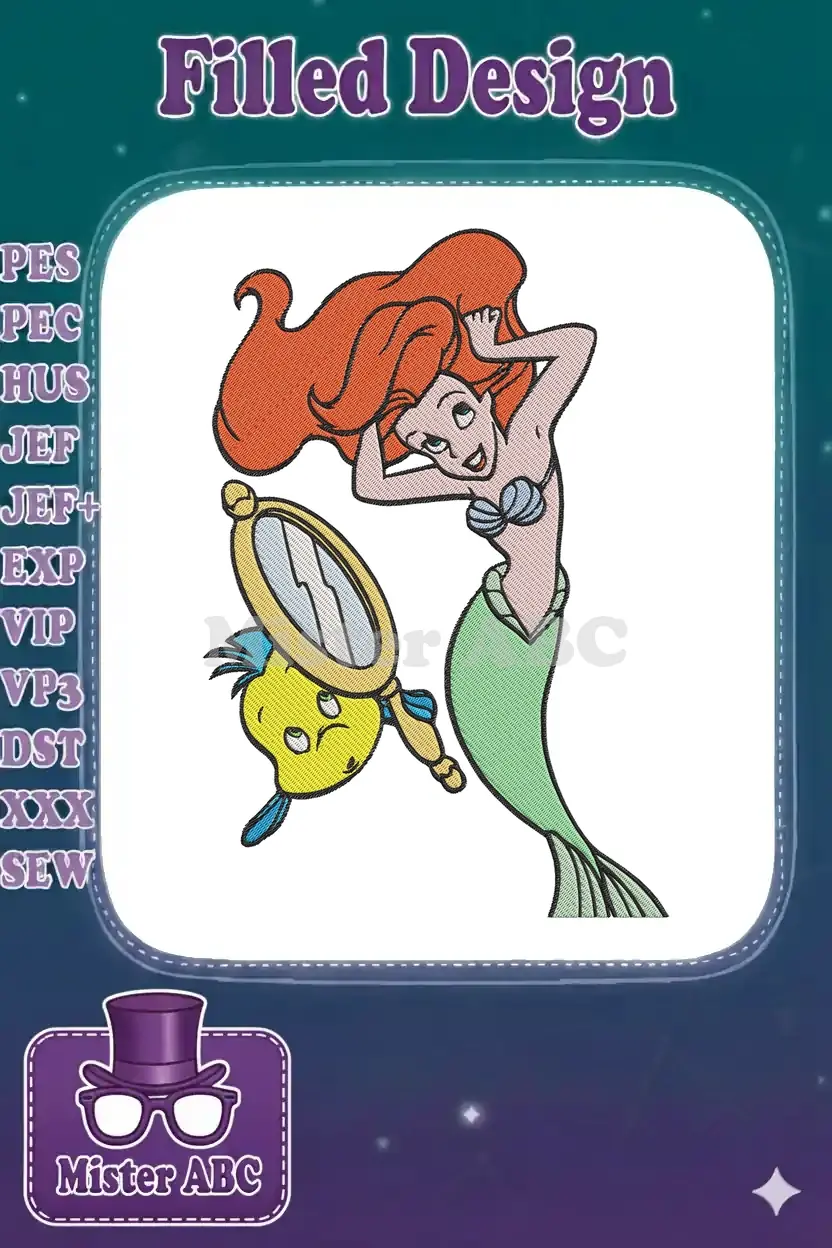 Vibrant embroidery design featuring Ariel the Little Mermaid with Flounder, holding a golden hand mirror.