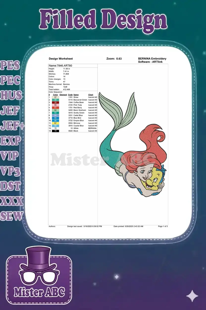 Embroidery design worksheet showing dimensions, stitch count, color sequence, and thread details for Ariel.