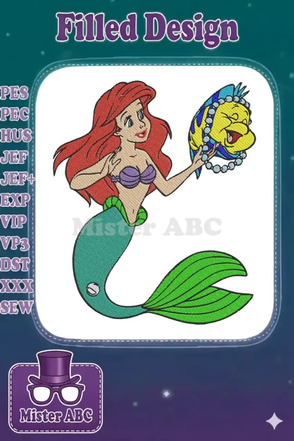 Detailed embroidery of Ariel the mermaid with Flounder, showcasing vibrant colors and intricate fill stitching.