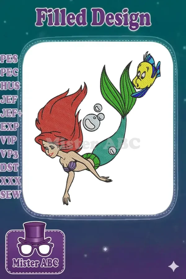 A vibrant embroidery design featuring Ariel the mermaid with flowing red hair and green tail, swimming alongside her yellow fish friend, Flounder, with bubbles.