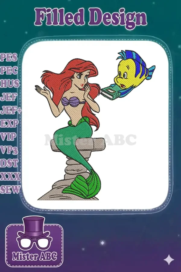 Vibrant embroidery featuring Ariel the mermaid sitting on a rock, surprised, with Flounder holding a book.