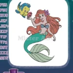 Little Mermaid Ariel and Flounder friendship flower embroidery designs - Instant Download
