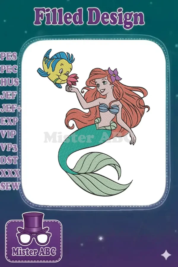 Vibrant embroidery of Disney's Ariel and Flounder, featuring Ariel with flowing red hair and a green tail.