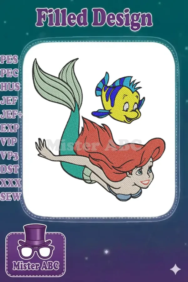 Vibrant embroidery design featuring Ariel the mermaid and her fish friend Flounder, swimming joyfully.