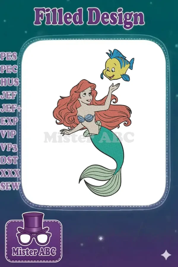 Embroidered design of Ariel the Mermaid with flowing red hair, teal tail, and her friend Flounder.