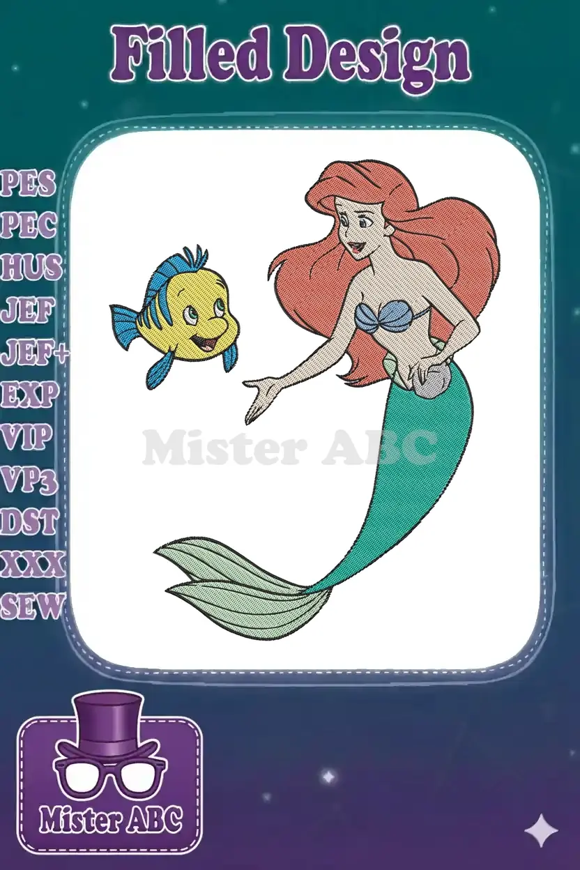 Vibrant embroidery design of Ariel the mermaid with her loyal fish friend Flounder, ready for any project.
