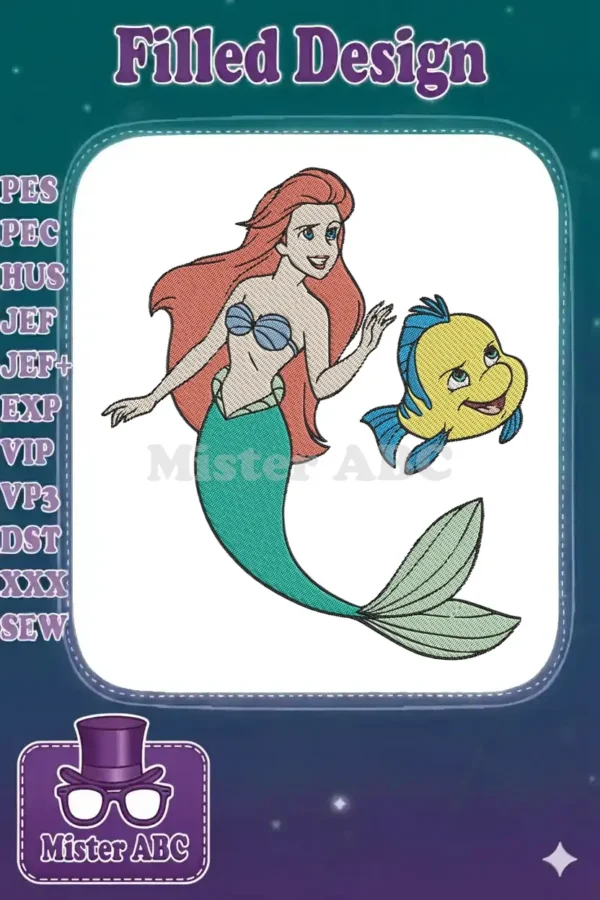 Vibrant machine embroidery design featuring Disney's Ariel the Mermaid and her fish friend Flounder, ready to stitch.