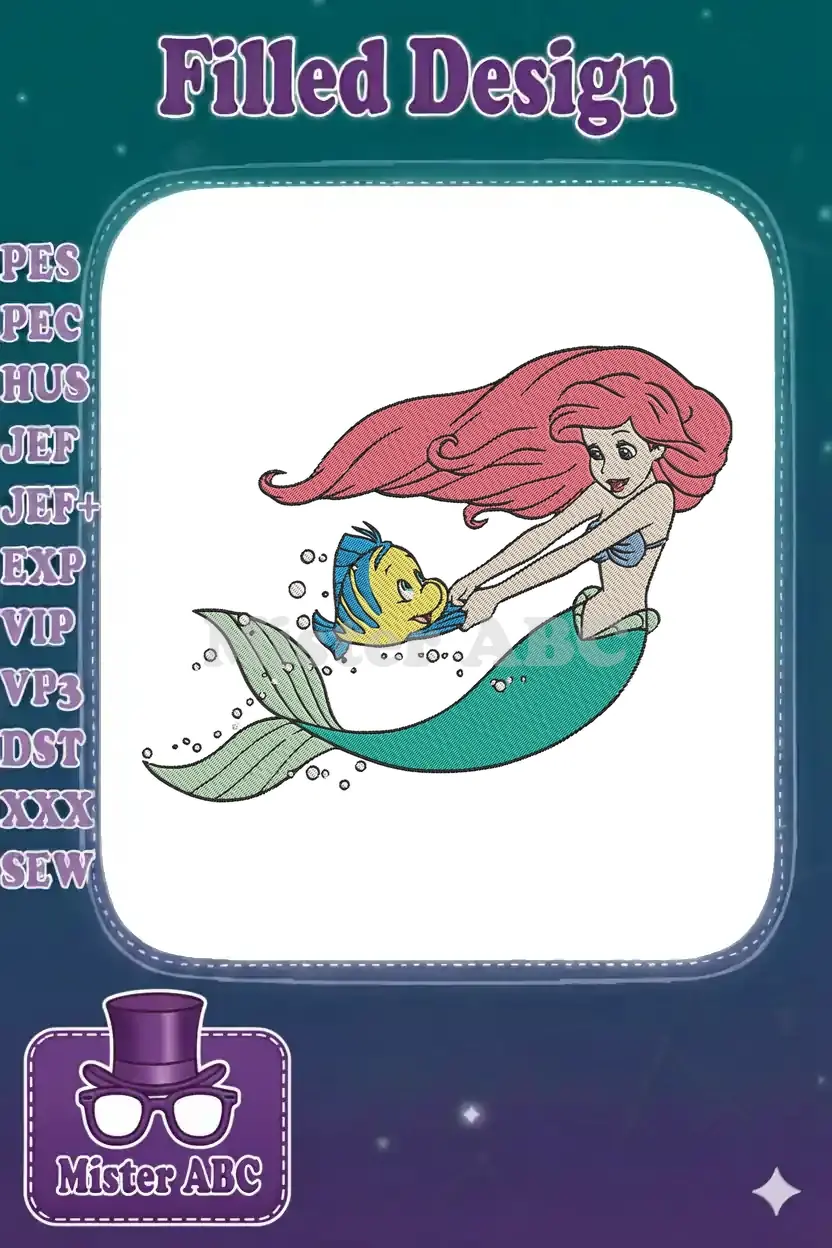 A vibrant embroidery design featuring Disney's Ariel, the Little Mermaid, swimming happily with her best friend Flounder.