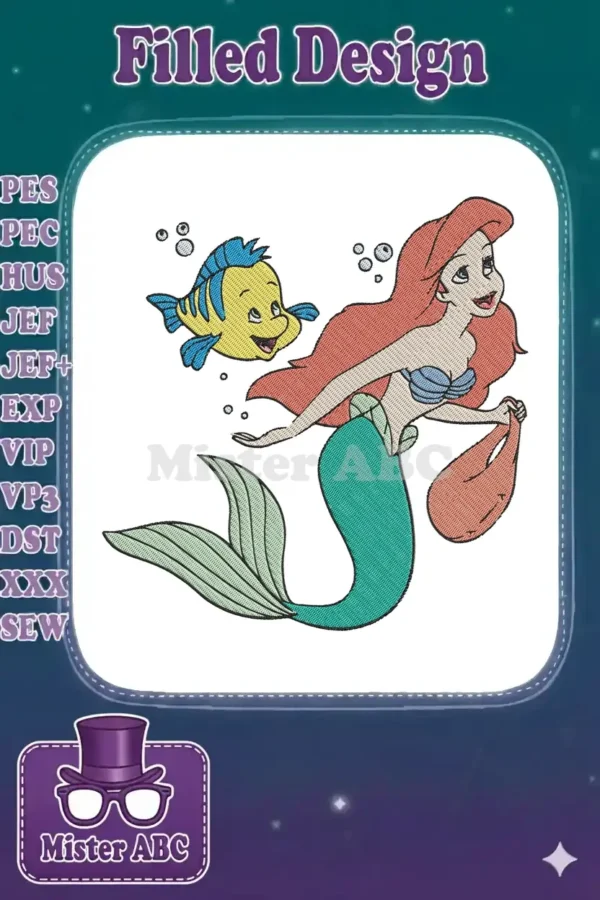 Vibrant embroidery of Ariel from The Little Mermaid with her friend Flounder, swimming amidst bubbles.