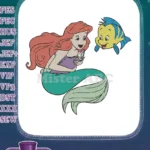 Ariel Mermaid Reading Book with Flounder Embroidery Designs - Instant Download