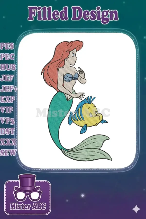 Detailed embroidery of Ariel from The Little Mermaid with her vibrant red hair, teal tail, and her loyal friend Flounder.