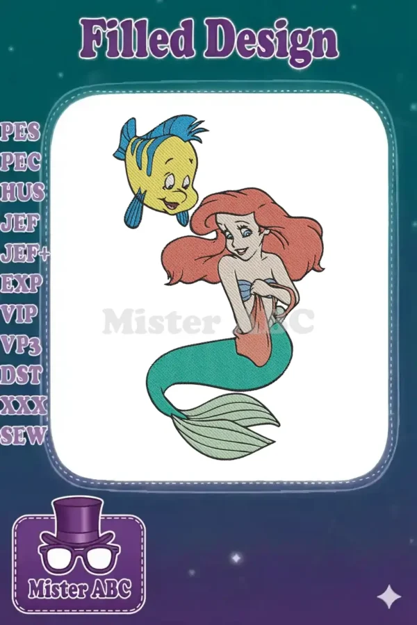 Vibrant embroidery design featuring Disney's Ariel the mermaid and her cheerful fish friend, Flounder, in vivid colors.