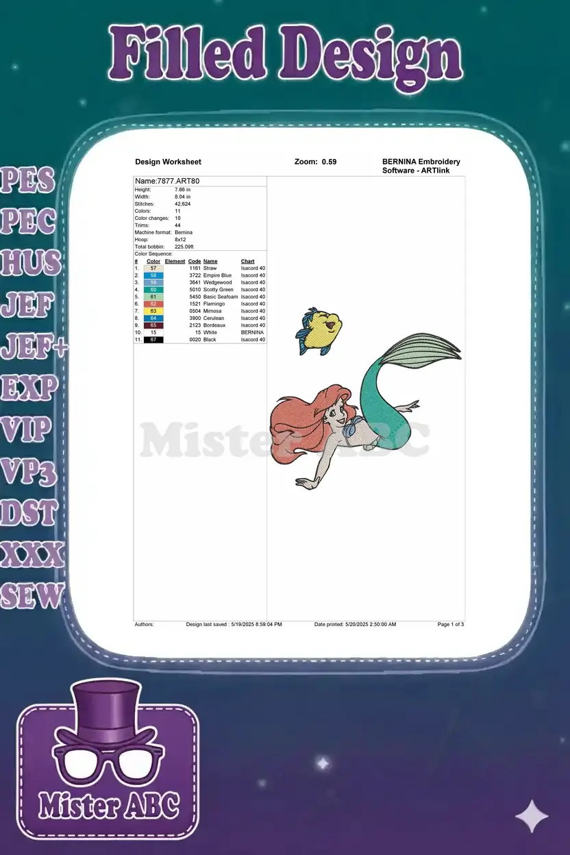 Detailed embroidery design worksheet for Ariel and Flounder, showing dimensions, stitch count, and 11 thread colors.