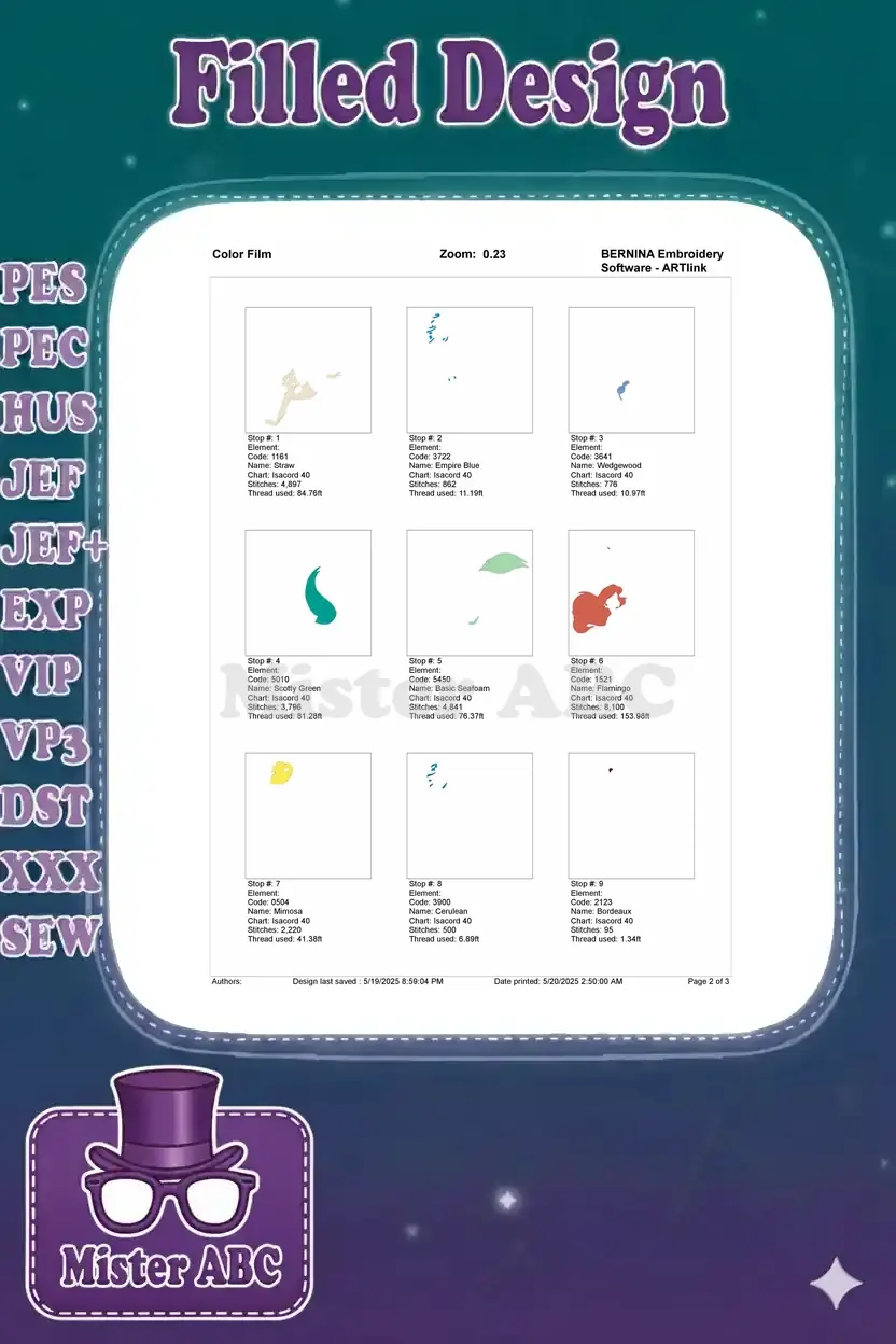 First page of the embroidery color film, detailing the initial 9 color elements and their stitch order sequence.