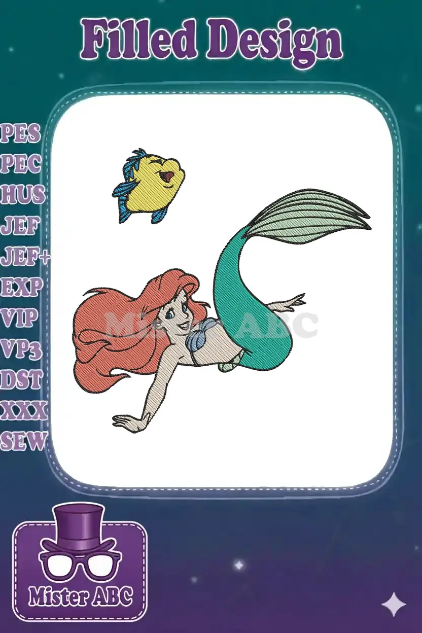 A vibrant embroidery design showcasing Ariel from The Little Mermaid and her cheerful fish friend, Flounder, with fill stitch.