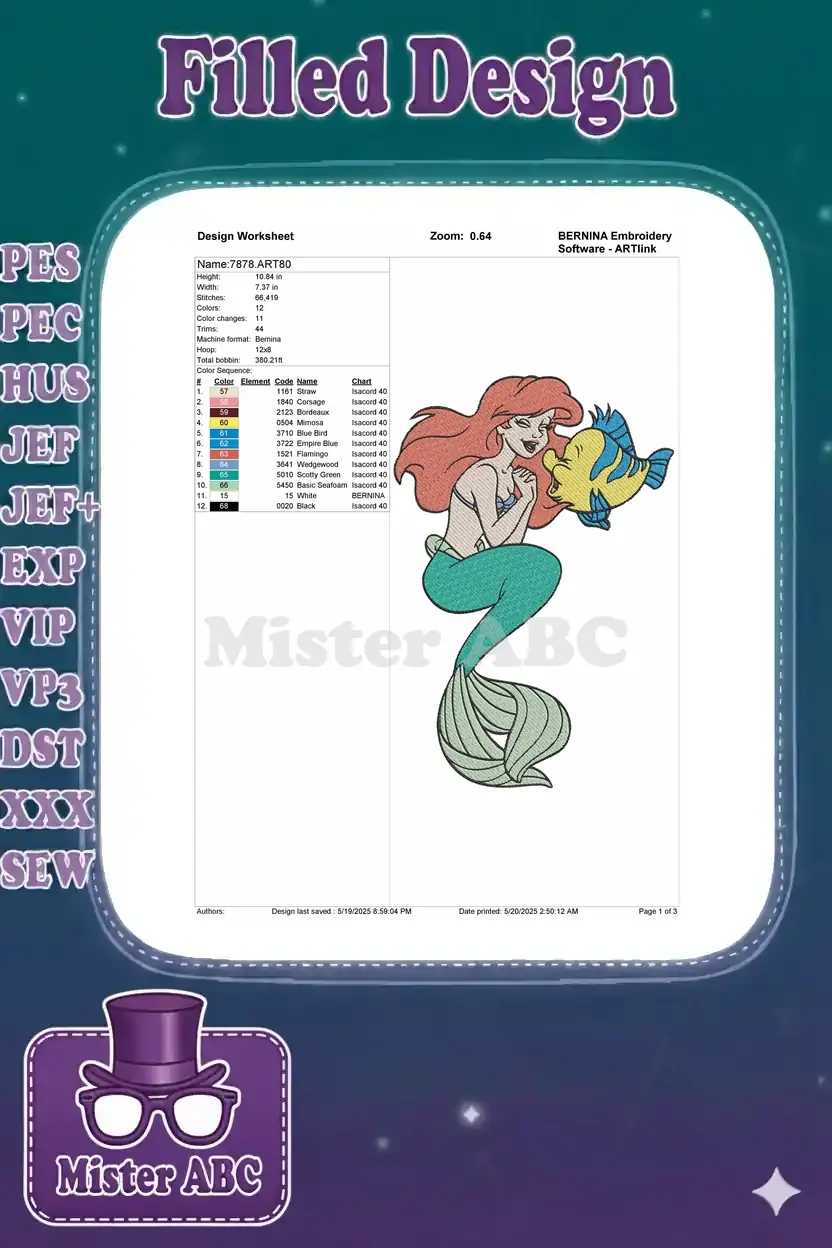 A detailed embroidery design worksheet showing Ariel and Flounder, with stitch counts, dimensions, and color chart.