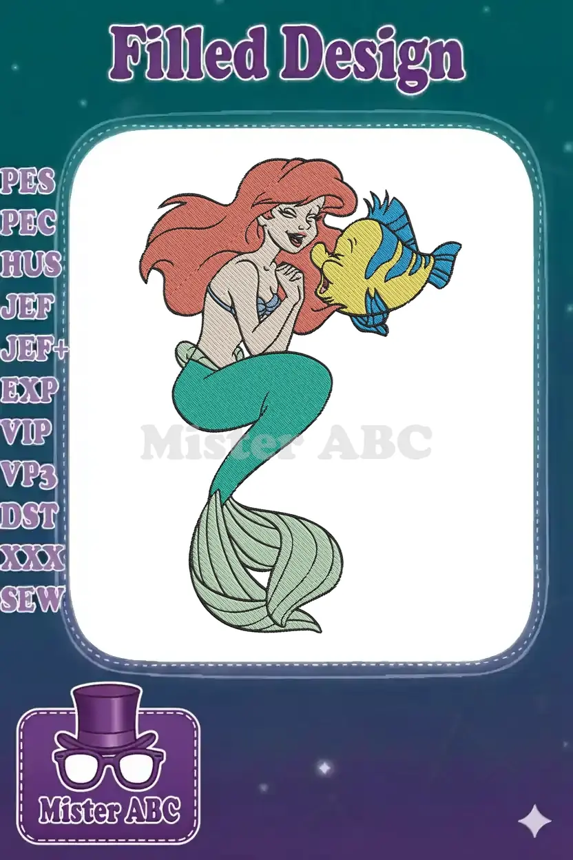 A vibrant embroidery design of Ariel, the Little Mermaid, with her best friend Flounder, sharing a joyful moment.