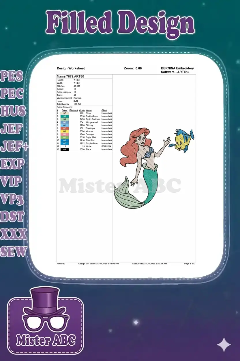 BERNINA embroidery design worksheet showing Ariel and Flounder, with detailed stitch and color information.