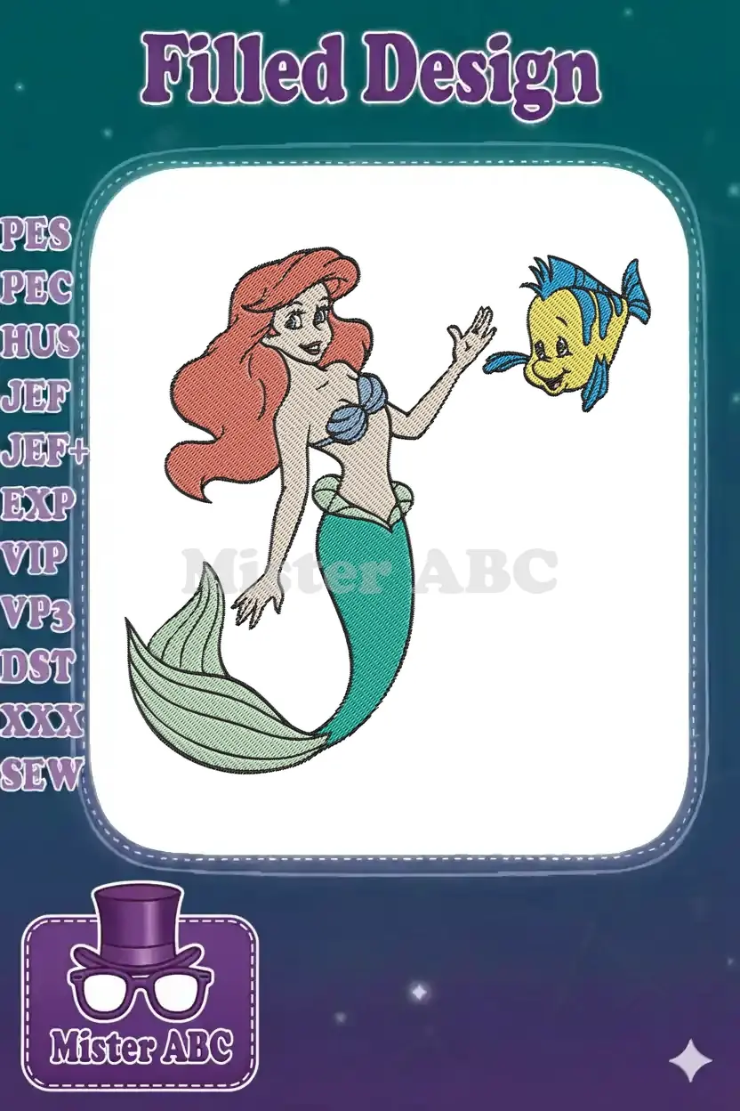 Detailed embroidery design of Ariel with red hair and green tail, alongside a cheerful yellow Flounder on white.