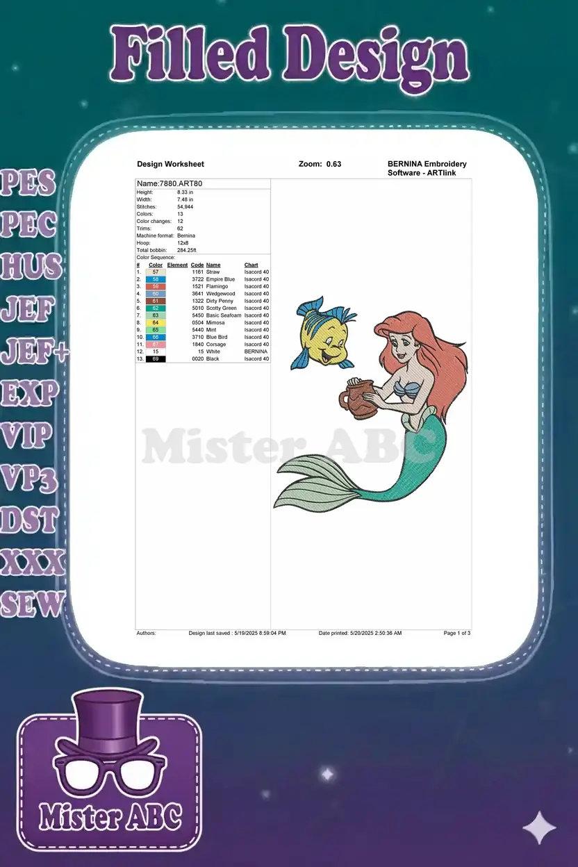 A design worksheet for the Ariel and Flounder embroidery, detailing stitch count, dimensions, and color chart.