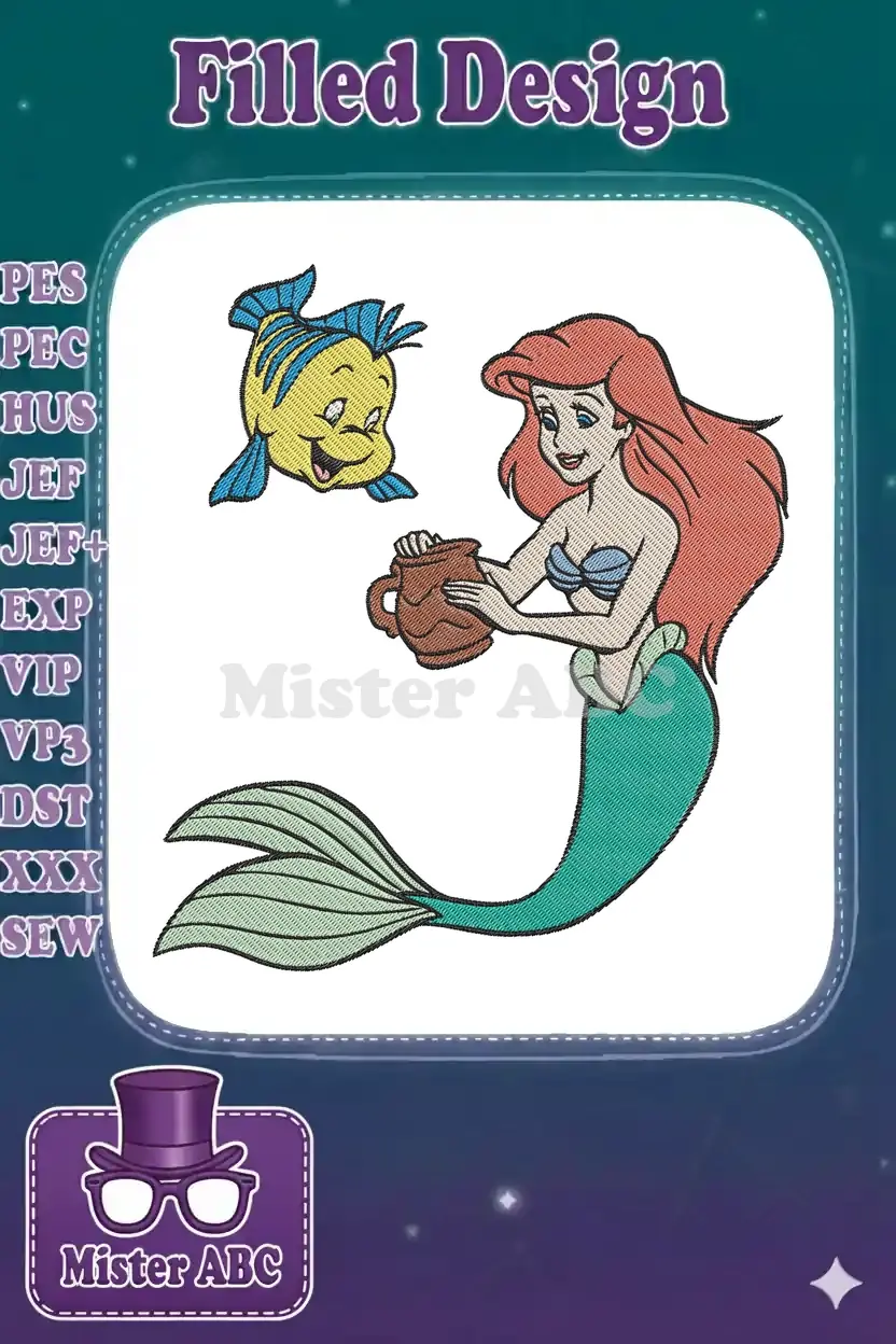 A vibrant embroidery design featuring Ariel the mermaid and her fish friend Flounder, both smiling and interacting.