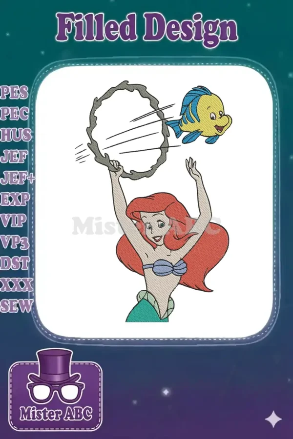 Ariel, the Little Mermaid, with her friend Flounder, in a lively, colorful machine embroidery design.
