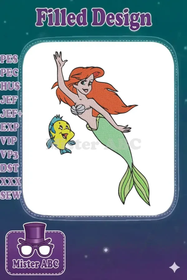 Vibrant embroidery of Disney's Ariel and Flounder, showcasing intricate details and rich, colorful stitching.