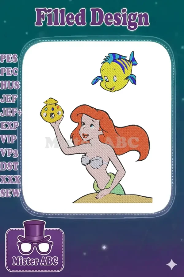 Ariel from The Little Mermaid with Flounder embroidery design, featuring vibrant colors and detailed stitching.