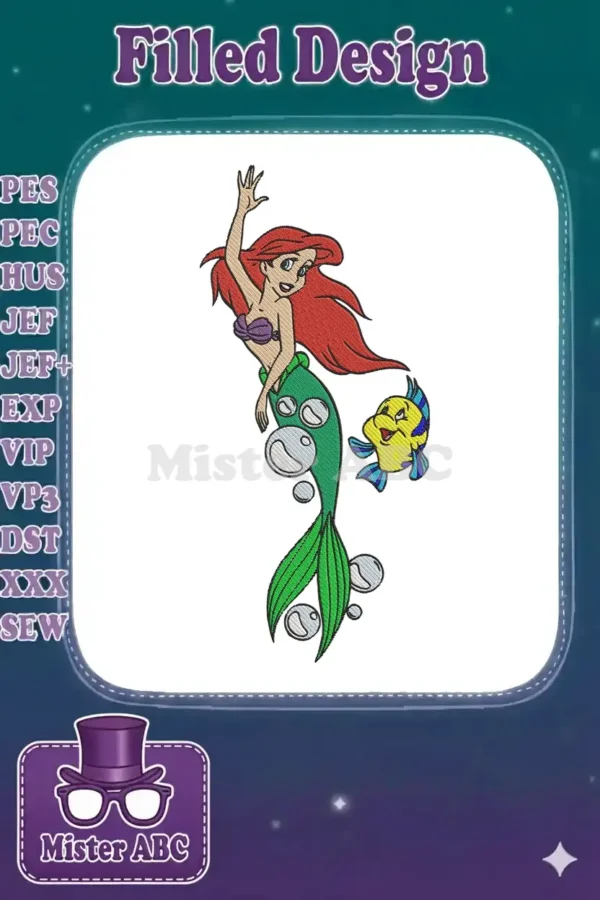 Vibrant embroidery of Ariel the mermaid with flowing red hair and Flounder, swimming happily with bubbles.