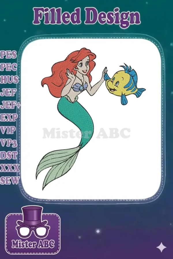 A vibrant, detailed embroidery design of Disney's Ariel, the Little Mermaid, with her fish friend Flounder, smiling against a white background.