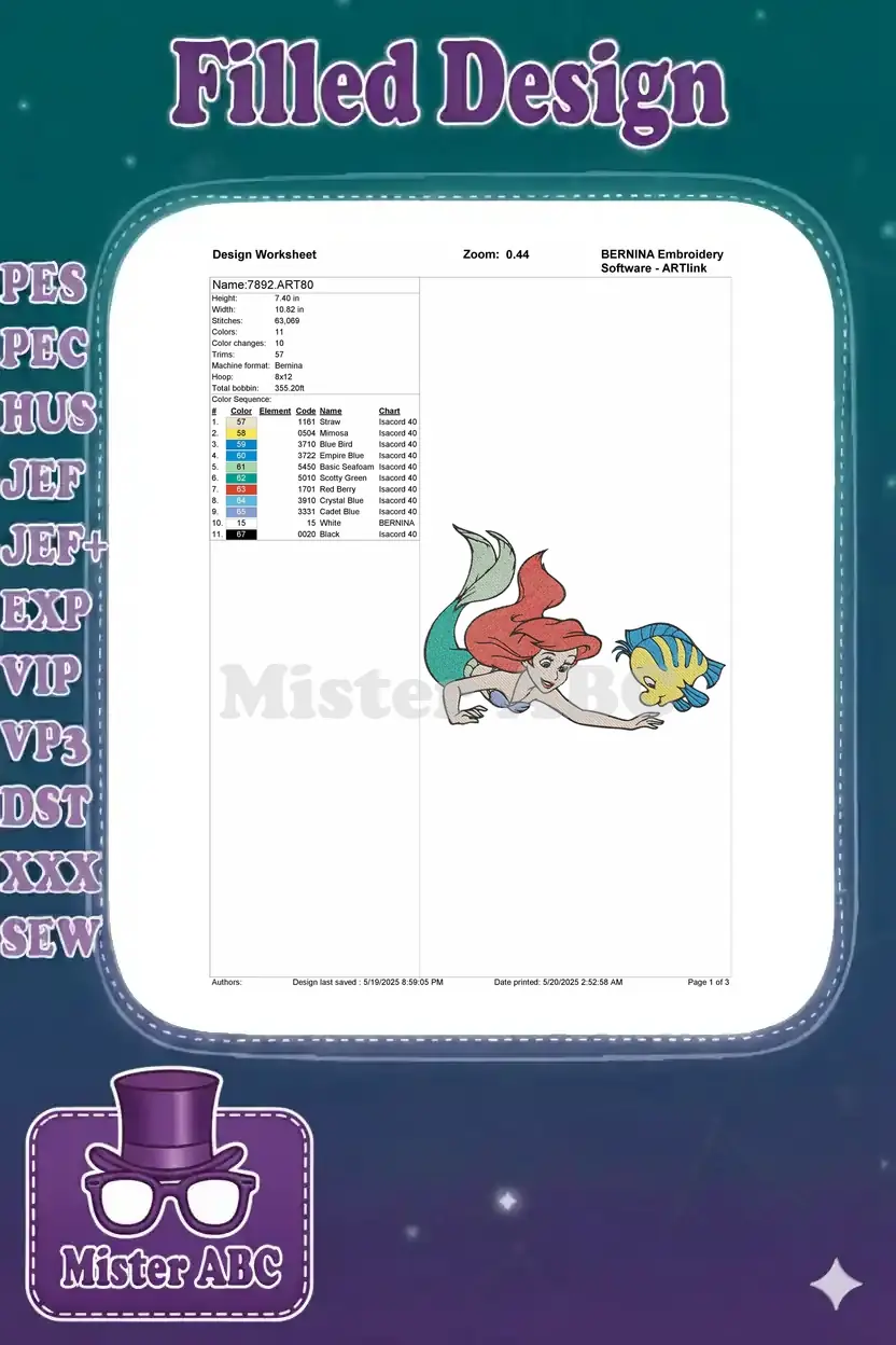 BERNINA Design Worksheet for the Ariel and Flounder embroidery, showing dimensions, stitch count, and colors.