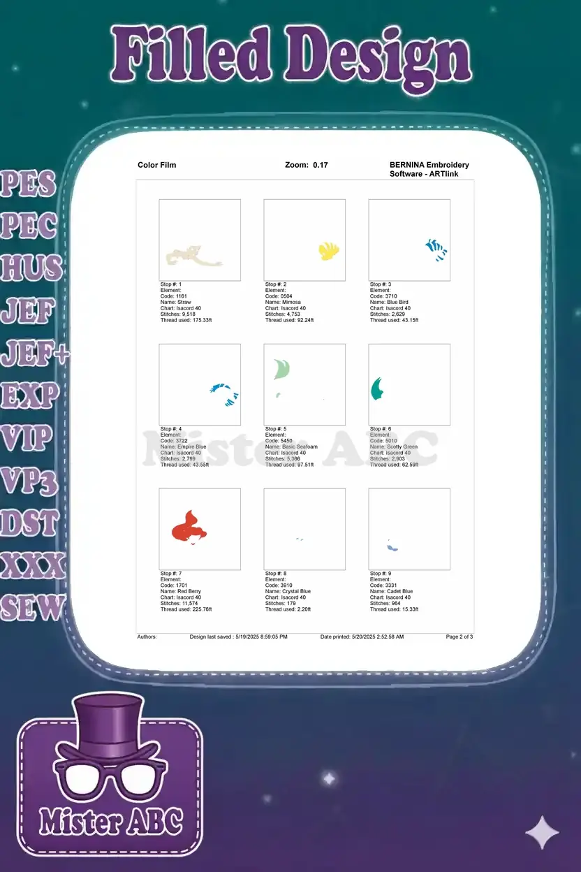 BERNINA Color Film page illustrating the first 9 color stops of the Ariel and Flounder embroidery design.