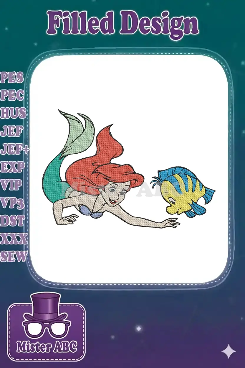 Vibrant embroidery featuring Disney's Ariel the mermaid and her fish friend Flounder, swimming joyfully.