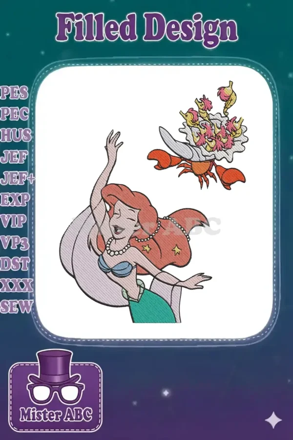Ariel, the Little Mermaid, with flowing red hair and a pearl necklace, singing joyfully alongside Sebastian holding a fish bouquet.