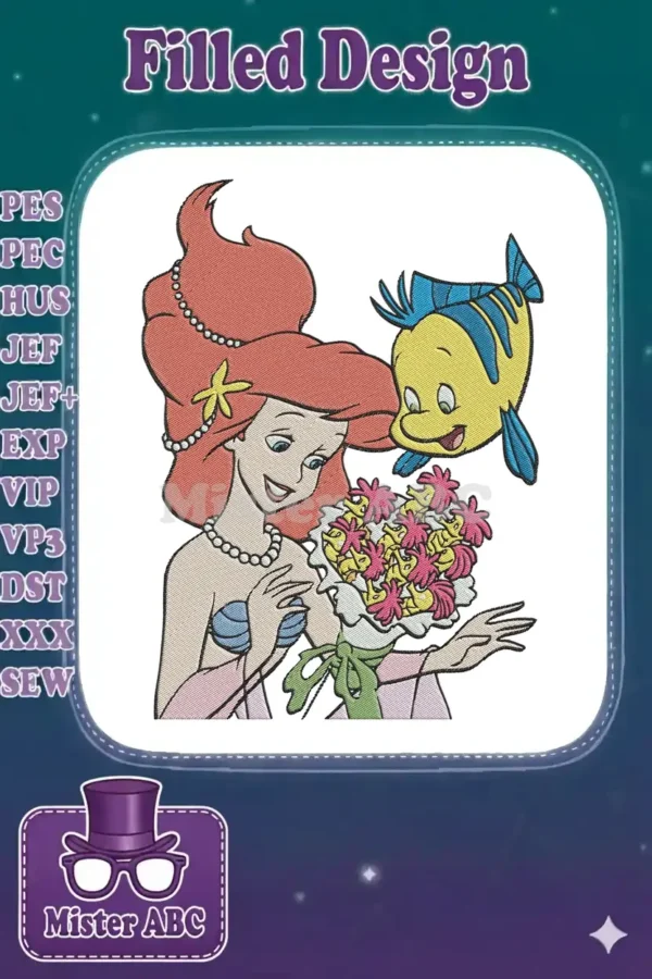 A vibrant embroidery of Ariel with flowing red hair, holding a bouquet, accompanied by a smiling Flounder.