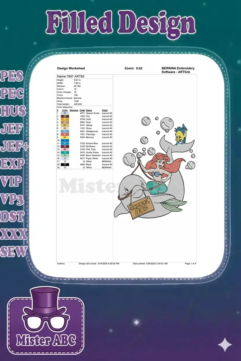 A detailed embroidery design worksheet showing Ariel, Flounder, and dolphin, with comprehensive color chart and specs.