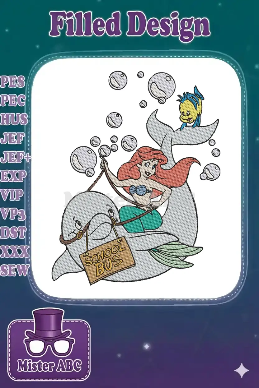 A vibrant embroidery design of Ariel riding a dolphin school bus with Flounder, surrounded by playful bubbles.