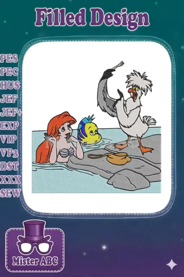 A vibrant machine embroidery design featuring Ariel, Flounder, and Scuttle from Disney's The Little Mermaid.