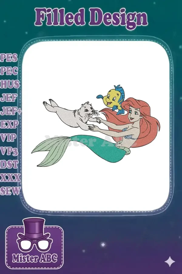 A vibrant embroidery design of Disney's Ariel, Flounder, and a gray seal swimming together, featuring full-stitch detail.