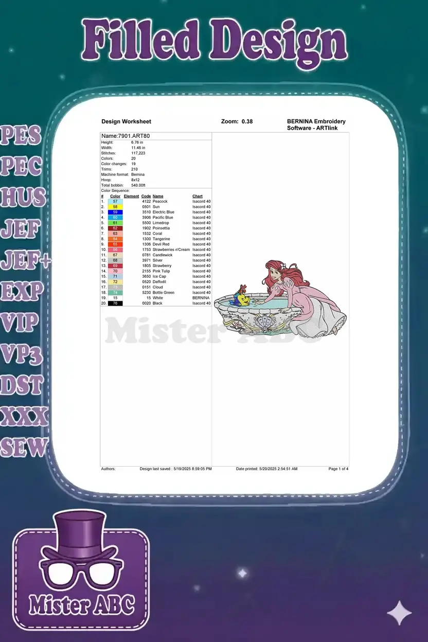 Embroidery design worksheet for '7901.ART80' showing dimensions, stitch count, colors, and thread chart.
