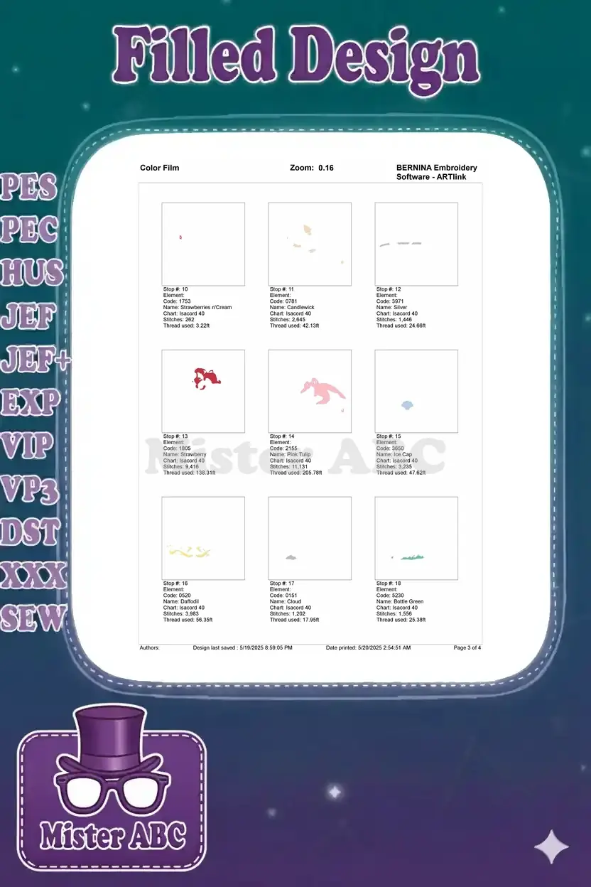 Color film page 3 of 4, showing individual stitch elements for colors 10-18 of the Ariel design.