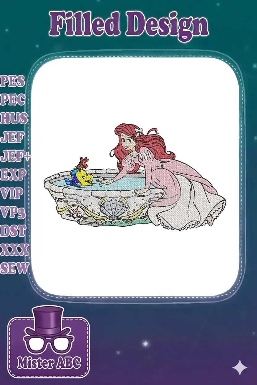 Ariel, from Disney's The Little Mermaid, in a pink dress by a stone well with Flounder and a butterfly.