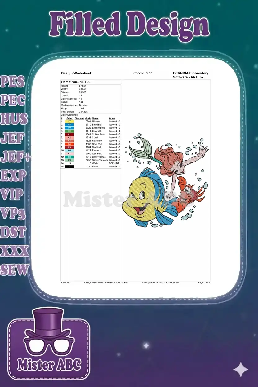 Embroidery design worksheet for '7904.ART80', detailing dimensions, stitch count, color sequence, and thread chart.