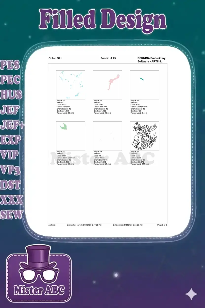Color film page showing the final six individual color stops for the Ariel, Flounder, Sebastian embroidery design.