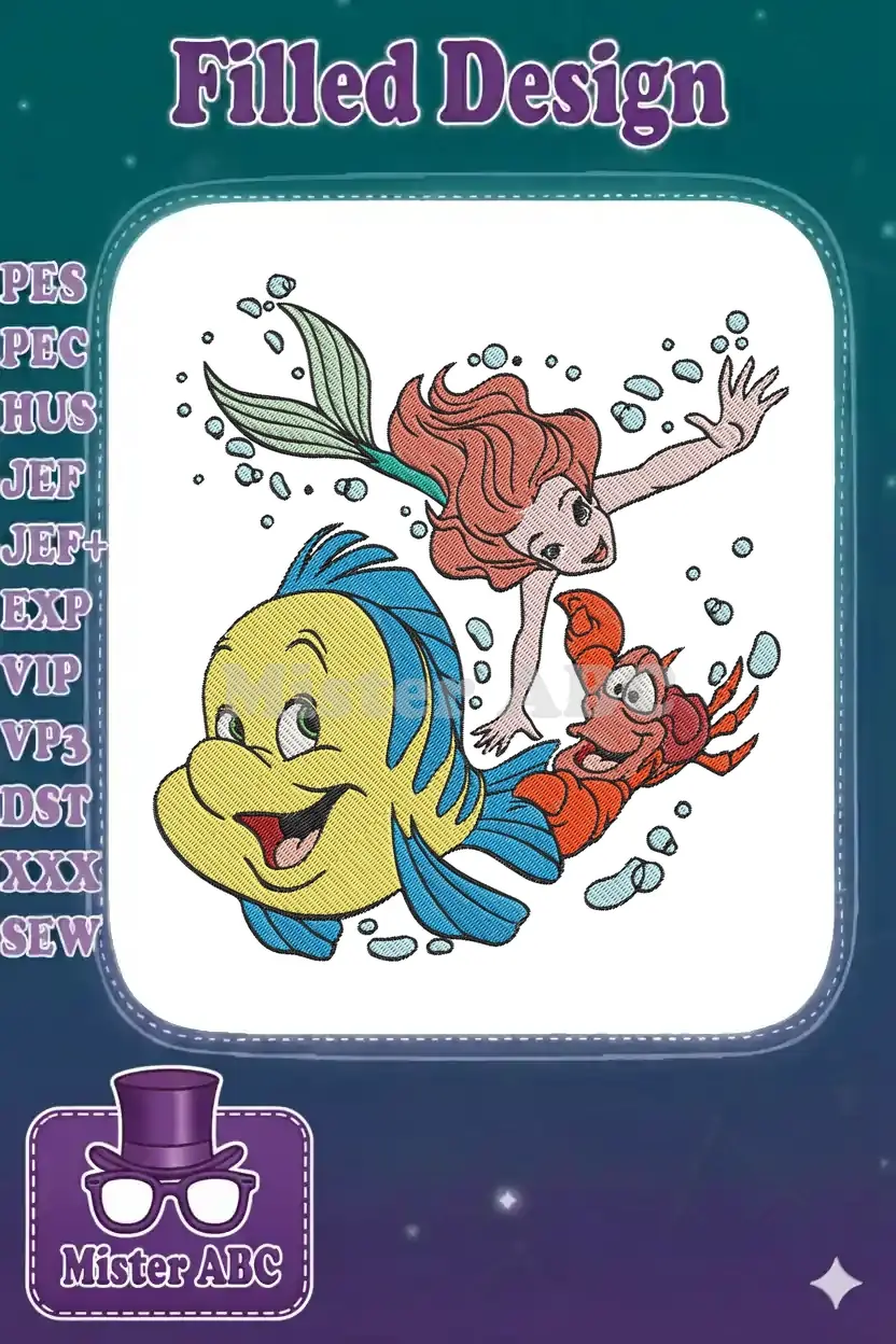 Vibrant embroidery design of Ariel, Flounder, and Sebastian from The Little Mermaid, swimming gracefully with bubbles.
