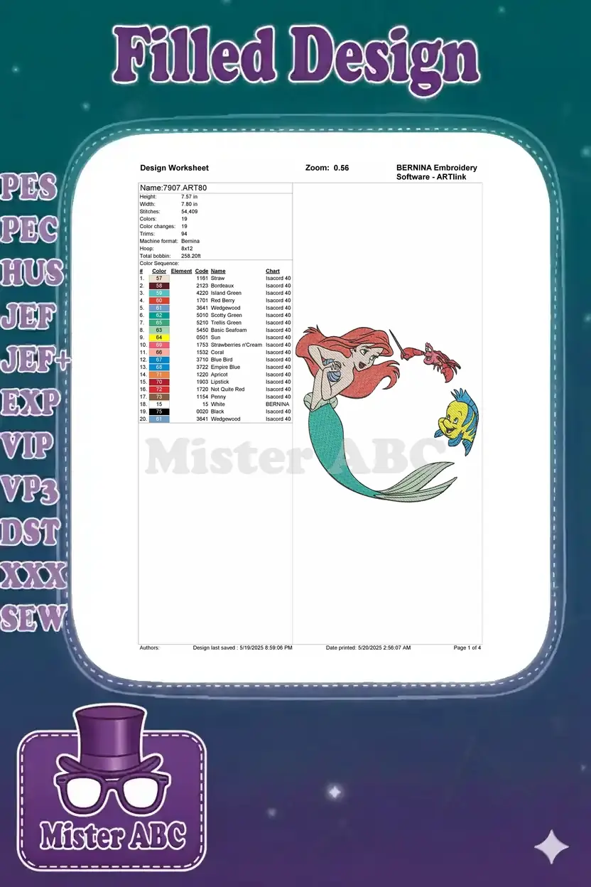 Embroidery design worksheet for Ariel, Flounder, and Sebastian, detailing dimensions, stitch count, and colors.