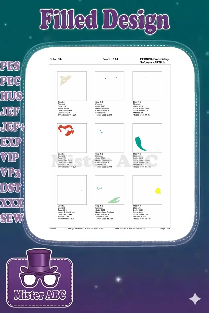First page of the color film breakdown for the Ariel embroidery, showing initial individual color stitch layers.