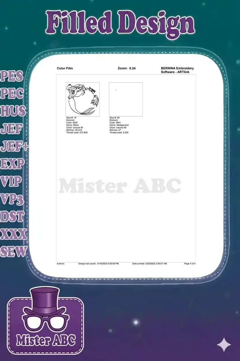 Final page of the color film for Ariel embroidery, showing the last color stops and design completion.